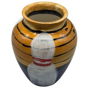 hand painted pottery vase bowling theme pins wood lane signed bottom white READ